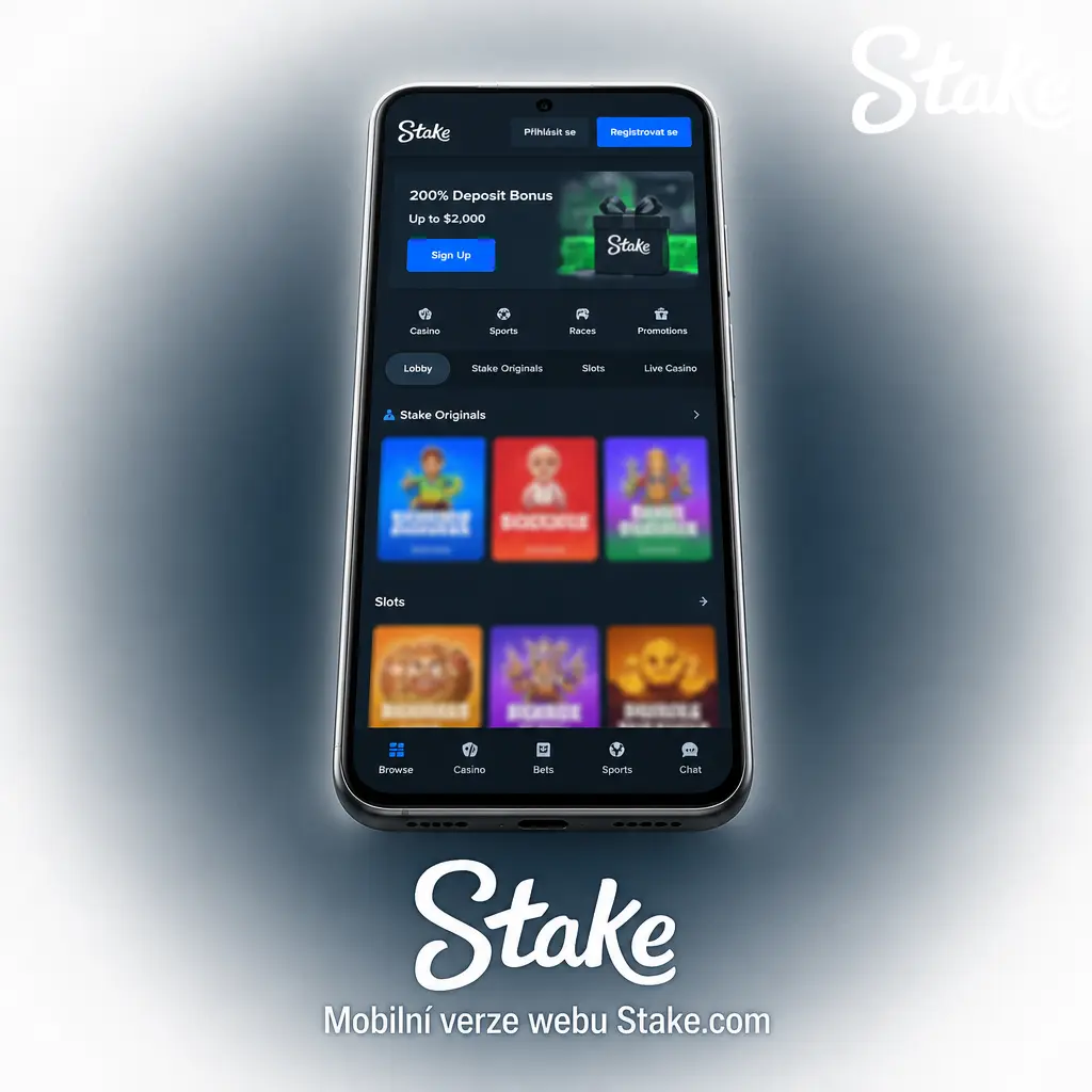 Mobilní verze webu Stake.com pro sázení a hraní kasinových her přímo v prohlížeči bez instalace aplikace
