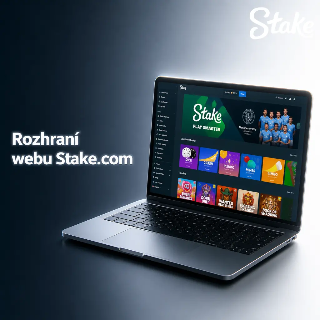 Tmavé rozhraní webu Stake.com s horní lištou Casino, Live Casino, Sports, Originals a VIP Club